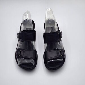 Born Heeled Sandals Black Leather Women‎ Size 7 Comfort Strappy Block Slip On